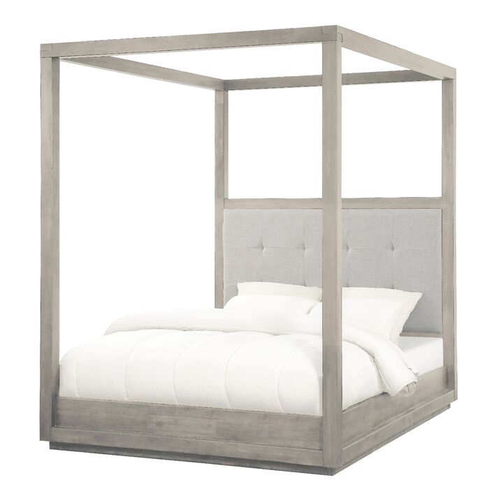 Kim Upholstered Solid Acacia Wood Platform Canopy Queen Bed, Heather Gray - Benzara