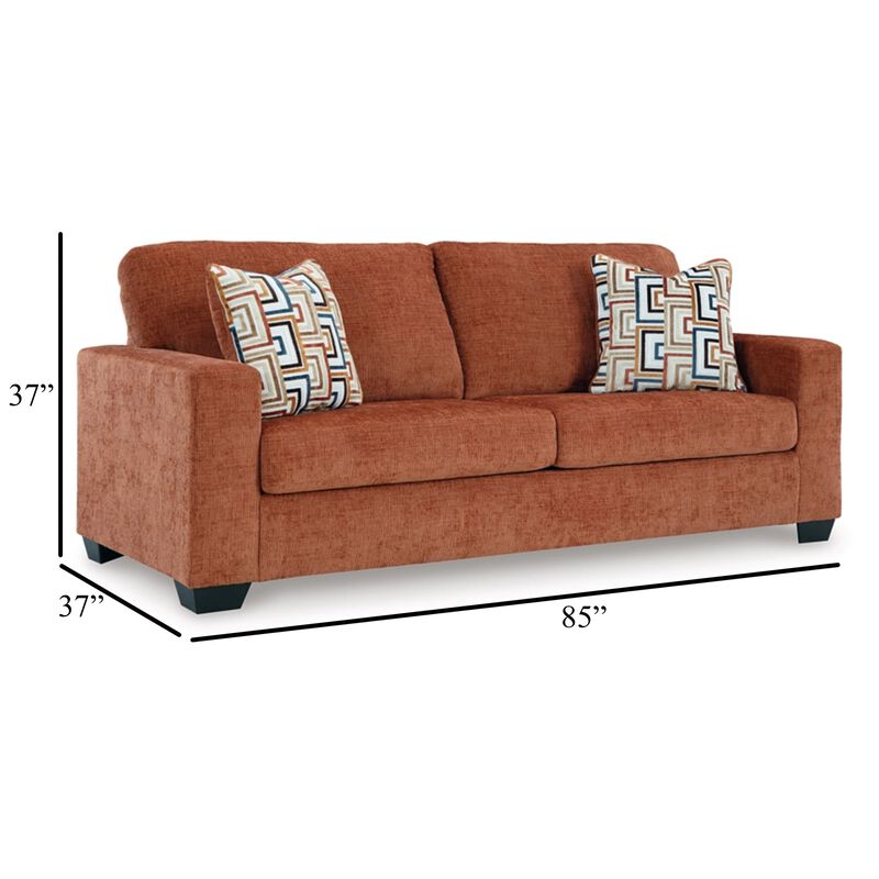 Avie Sofa, 2 Accent Pillows, 85 Inch, Soft Burnt Orange Polyester