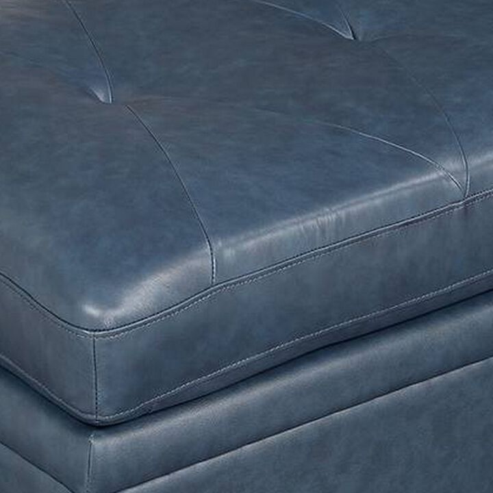 Indy 36 Inch Modern Square Ottoman, Foam Seating, Blue Top Grain Leather-Benzara