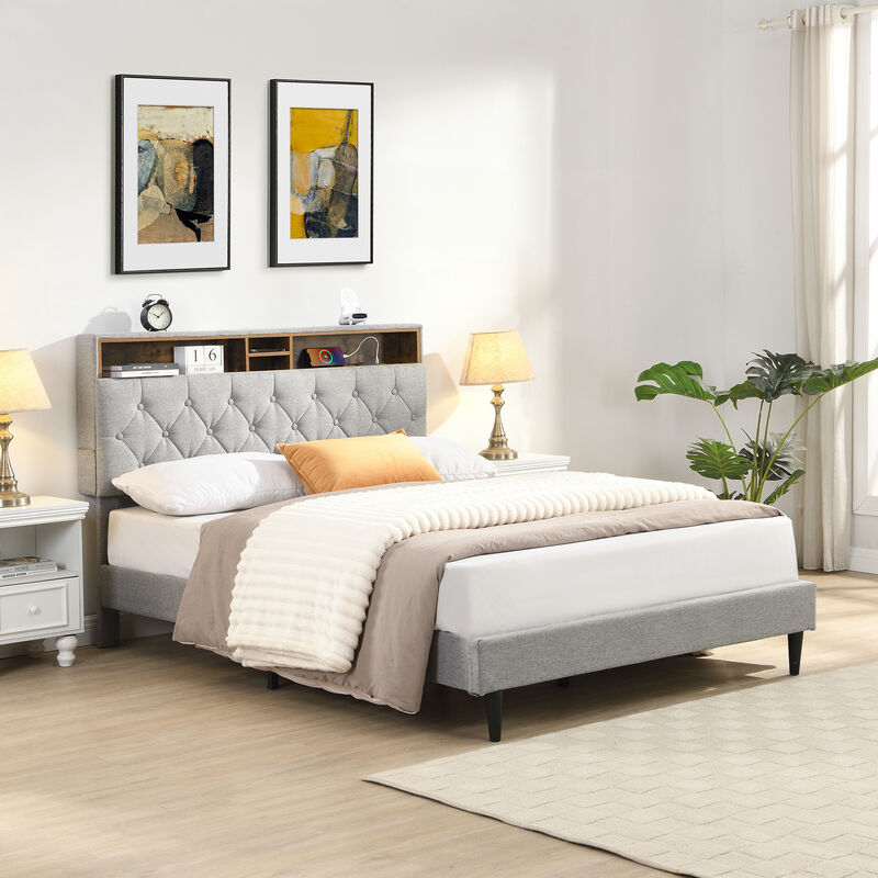 Merax Bed Frame with Storage Headboard & Built-In Charging