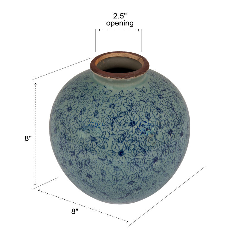 Round Decorative Terra-cotta Vase with Transferware Pattern, Blue image number 2
