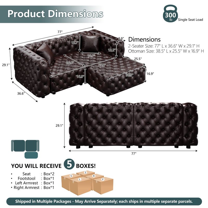 Whisen 77" Modern Modular Sofa with 1 Ottoman, Faux Leather Upholstered, for Living Room image number 9