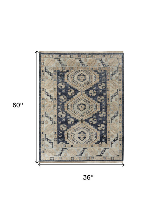HomeRoots Wool Geometric Hand Knotted Area Rug With Fringe