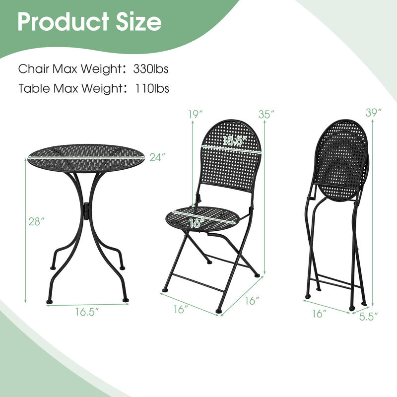 Metal Bistro Patio Furniture Set &ndash; Round Table & 2 Folding Chairs