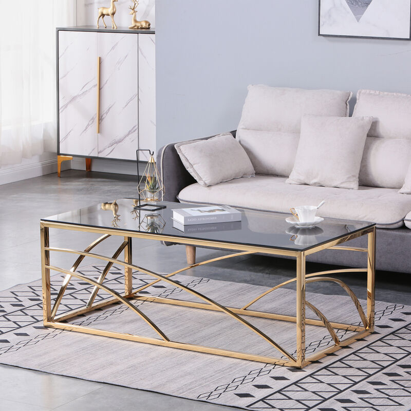 Stainless Steel Rectangular Accent Glass Coffee Table for Living Room- 46.8" Modern Sleek Center Table with Lounge Table with Blue Gray Tempered Glass(Gold)