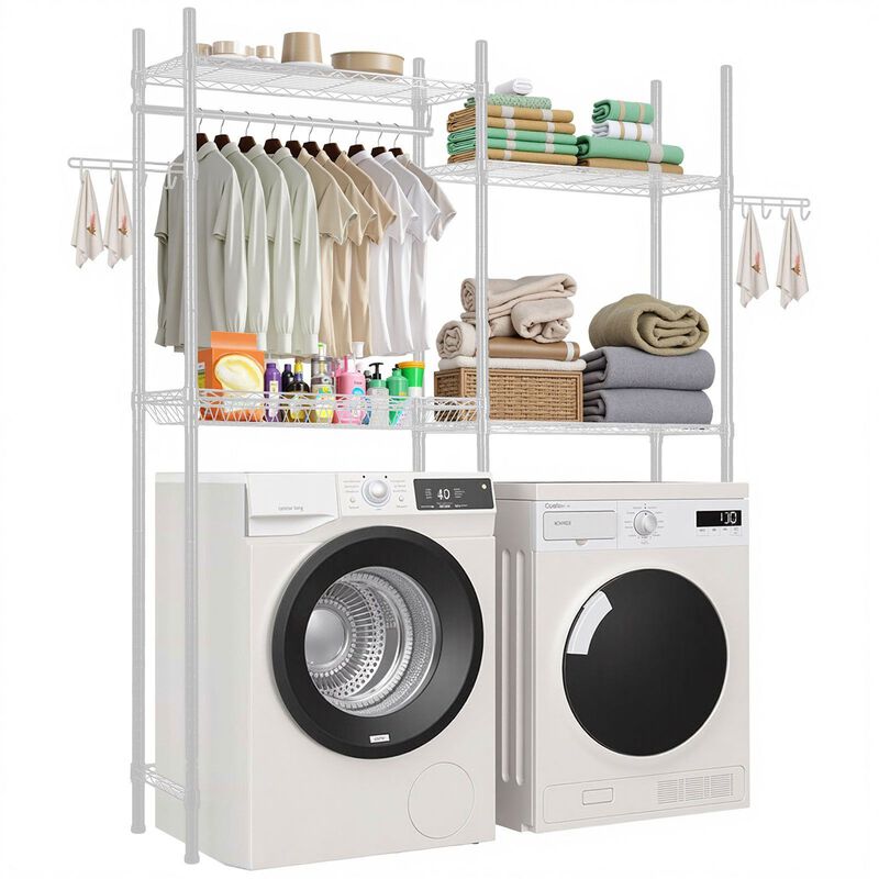 Laundry Room Storage Rack Over Washer Dryer with Hanging Rod and Hooks image number 8