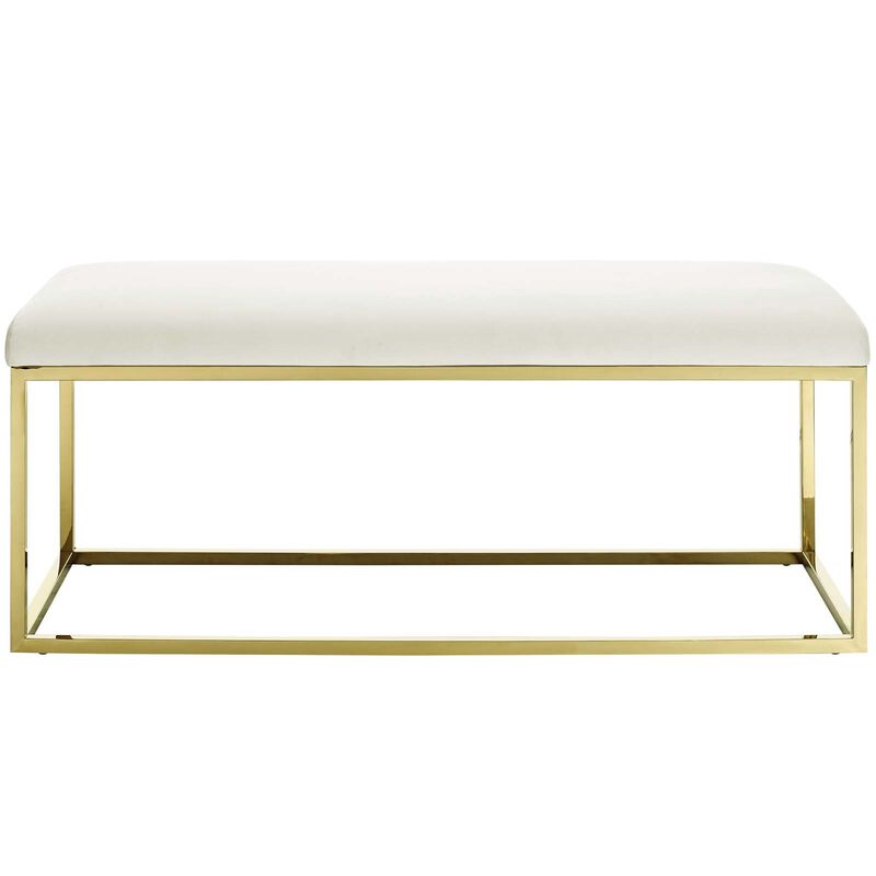 Modway Anticipate Velvet Upholstered Modern Bench With Stainless Steel Frame in Gold Ivory