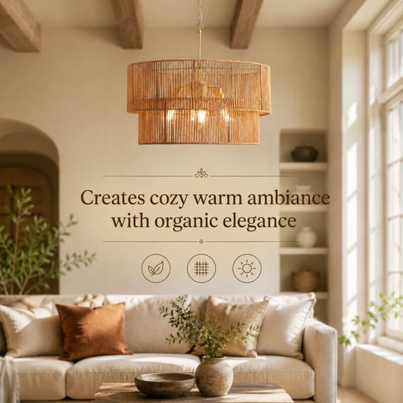 ELEMENT ACE 2-Tier Handwoven Paper Rattan Chandelier Adjustable Height Pendant Light Ceiling Lighting Fixture for Dining Room Kitchen Island Living Room Bedroom image number 4
