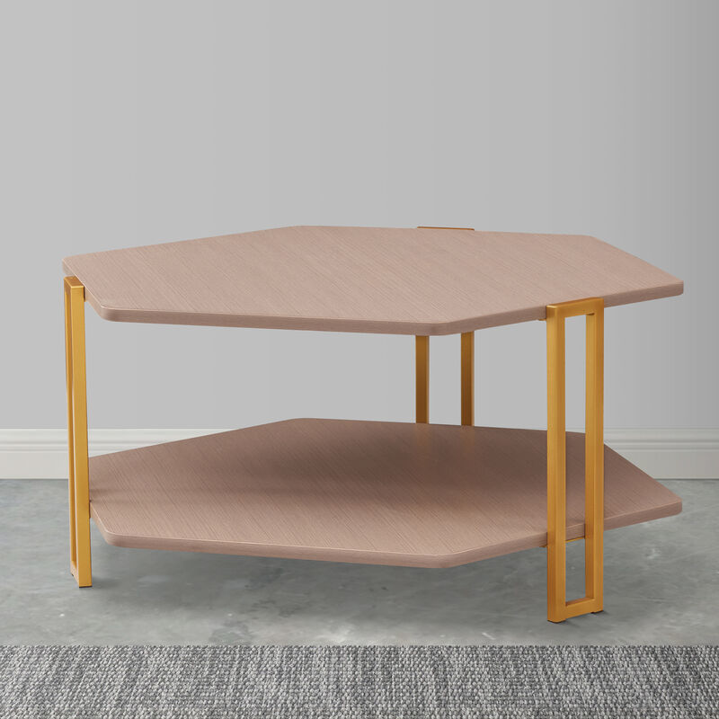 36 Inch Hexagonal Modern Coffee Table, Wood Top and Shelf, Gold Metal Legs-Benzara image number 5
