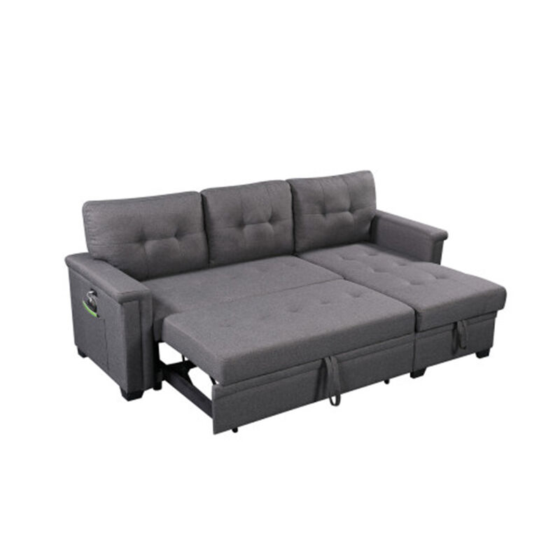 Dark Gray Reversible Sleeper Sectional Sofa with Storage Chaise, USB Charging Ports and Pocket