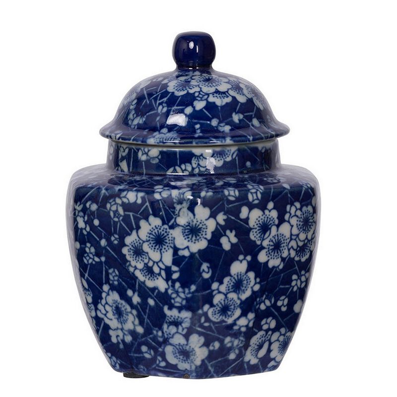 6, 6, 7 Inch Lidded Jars, Persian Inspired Blue Flowers, Curved, Set of 3-Benzara