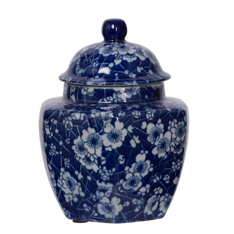 6, 6, 7 Inch Lidded Jars, Persian Inspired Blue Flowers, Curved, Set of 3 - Benzara
