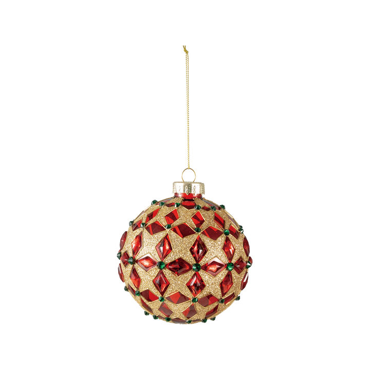 Gold Glittered Glass Ball Ornament with Jewel Accents, Red and Green