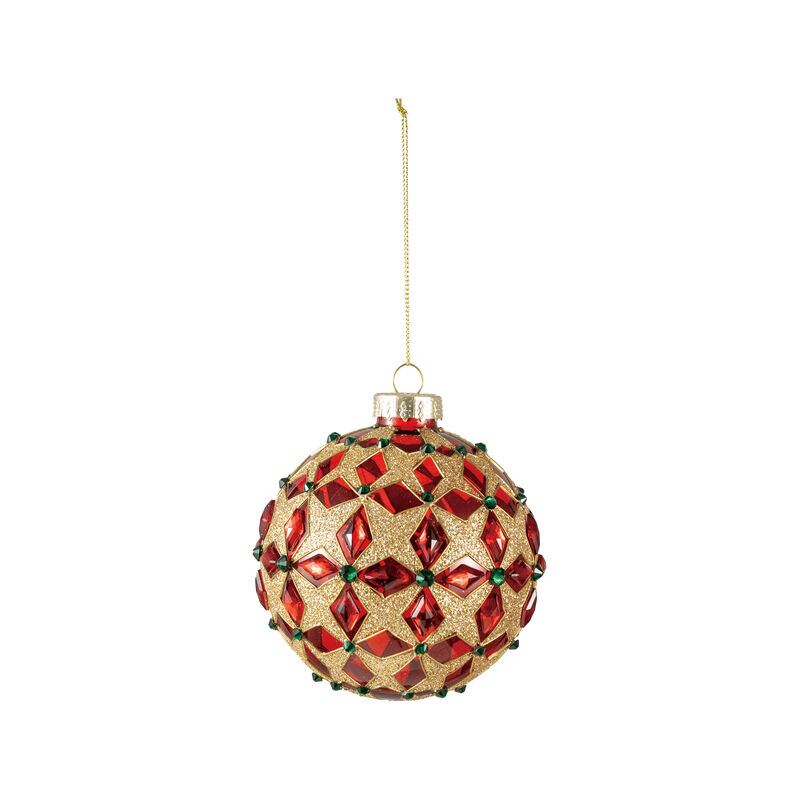 Gold Glittered Glass Ball Ornament with Jewel Accents, Red and Green image number 0