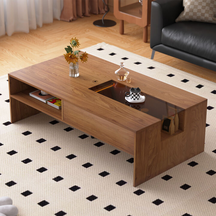 Wooden Coffee Table with Open Shlve, Storage Compartment & LED Light 51.1" Walnut