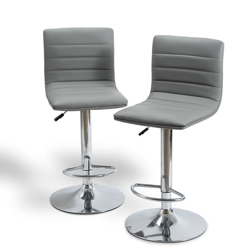 Grey High Grey Chrome Metal Frame Adjustable Cushioned Bar Stool with Leather Seat (Set of 2)