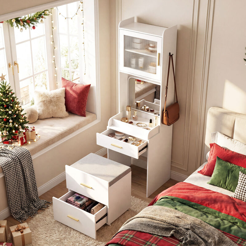 Bedroom Vanity Desk with Flip Top Mirror Power Outlets and Storage Stool image number 6