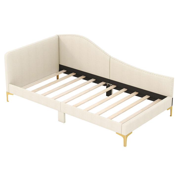 Stylish Upholstered Daybed – Metal Legs & Wood Slats for Bedroom or Living Room