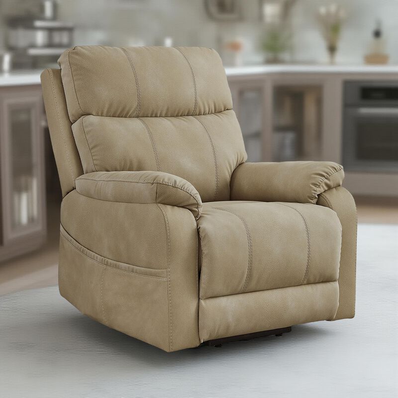 Corbin Power Lift Recliner Chair, Sand Faux Leather, Pillow Top Arms - Benzara