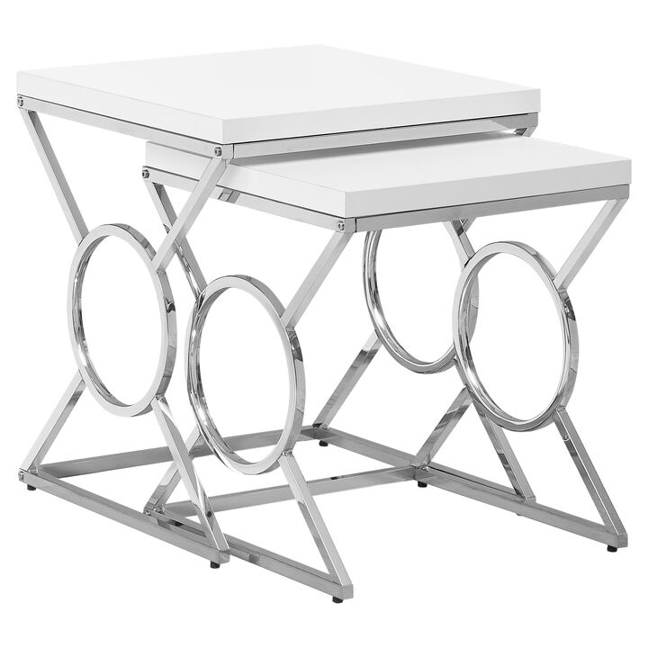 Monarch Specialties I 3401 Nesting Table, Set Of 2, Side, End, Accent, Living Room, Bedroom, Metal, Laminate, Glossy White, Chrome, Contemporary, Modern
