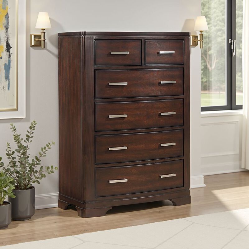Hudy Tall Dresser Chest with 6 Drawers, Cherry Brown Birch Veneer - Benzara
