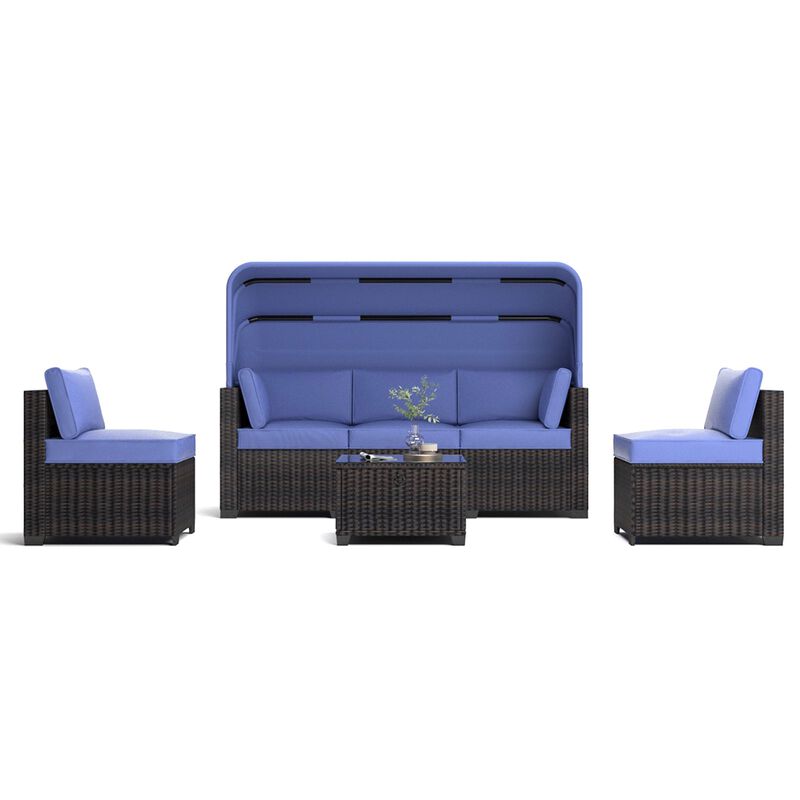 Mondawe 6 Pieces Patio Furniture Sets, Outdoor Rattan Daybed with Retractable Canopy, Outdoor Sectional Sofa Set with Adjustable Backrest, Chaise Chair Sunbed for Garden Poolside Backyard