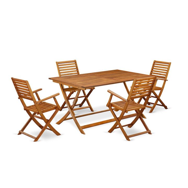 East West Furniture 5 Piece Excellent Folding Table Set- Great for The Shore, Camping, Picnics - Beautiful Wood Patio Table with 4 Lawn ArmChairs- Natural Oil Finish