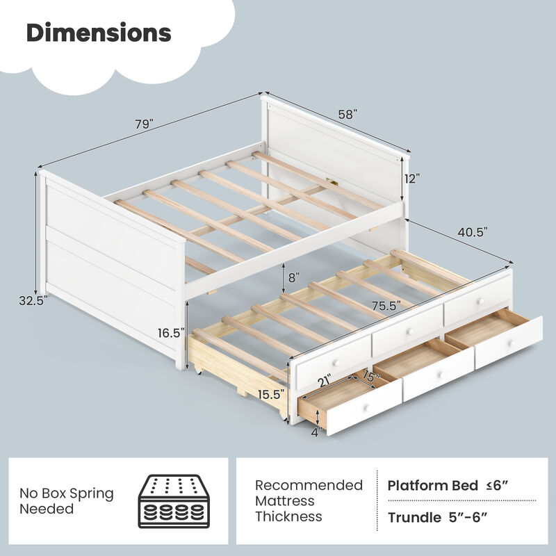 White Full Bed with Twin Trundle and 3 Built-In Storage Drawers image number 2