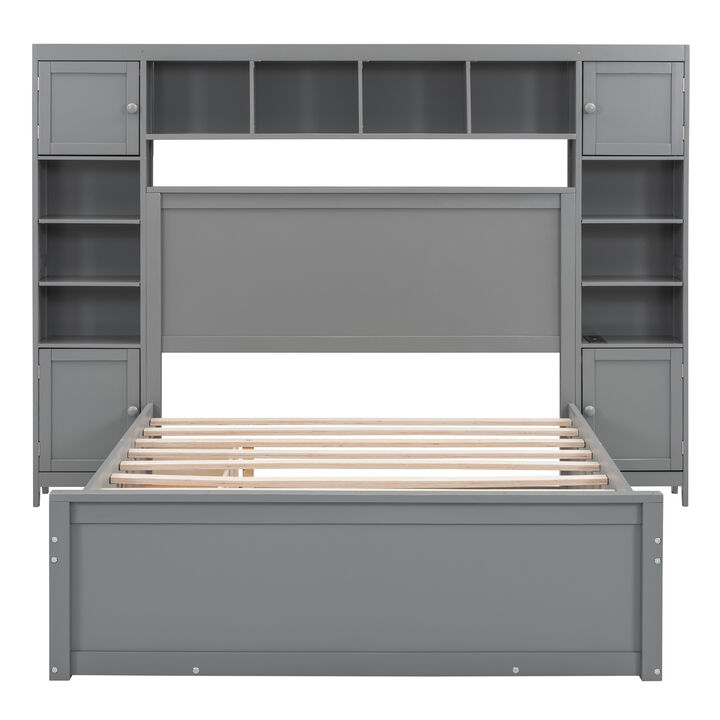 Whisen Modern Design Full Size Wooden Bed With All-in-One Cabinet, Shelf and Twin Size Trundle - White