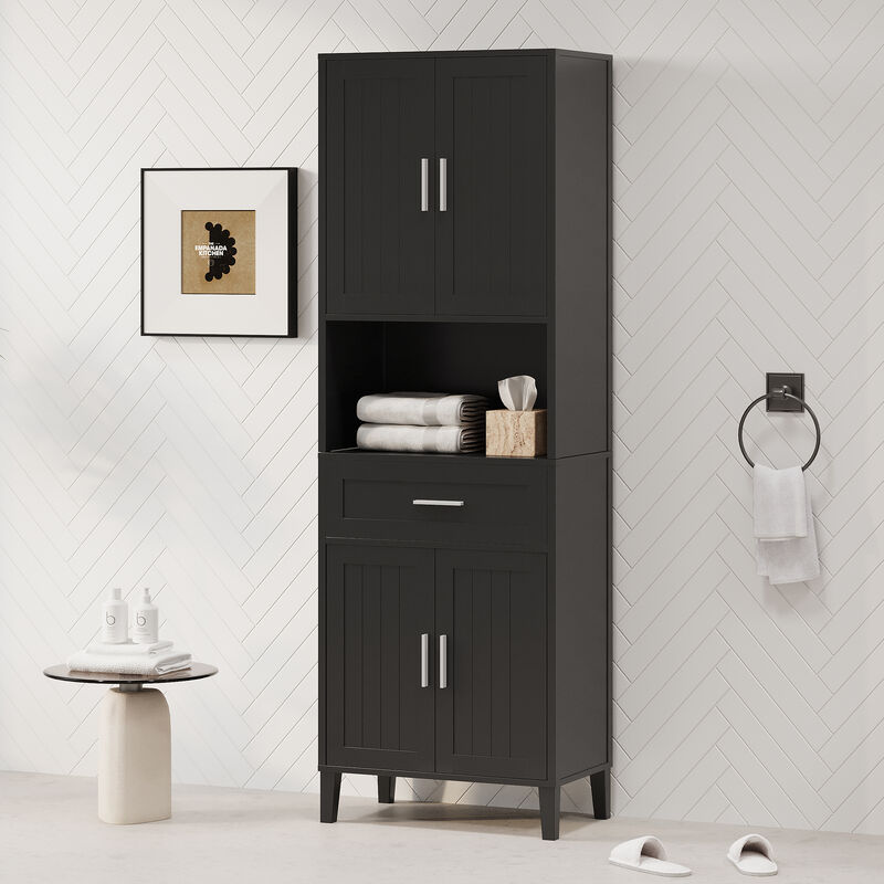 Merax Tall Bathroom Cabinet with a Drawer, 2 Cabinets, 4 Soft-Close Doors, 2 Adjustable Shelves, Open Storage