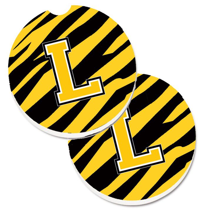 Caroline's Treasures Monogram Initial L Tiger Stripe - black Gold Set of 2 Cup Holder Car Coasters CJ1026-LCARC, 2.56, Multicolor
