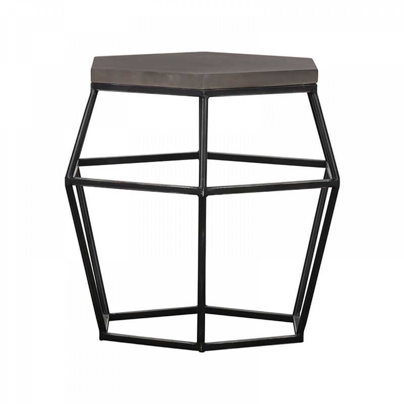 Hexagonal Concrete End Table with Metal Base, Gray and Black-Benzara