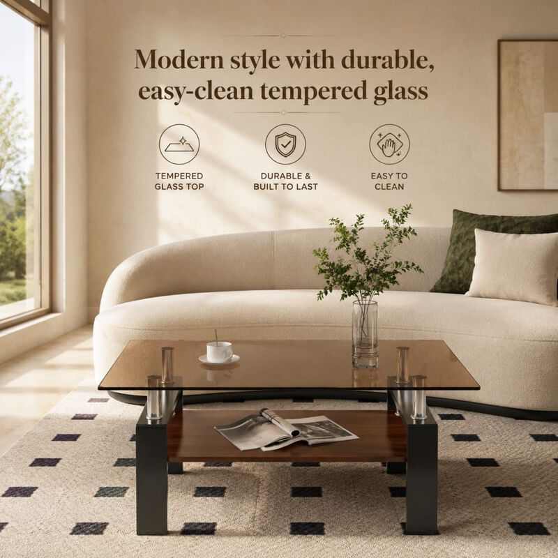 GOODSILO Modern Rectangular Coffee Table with Tempered Glass Top, Storage Shelf and Durable Metal Legs for Living Rooms image number 4