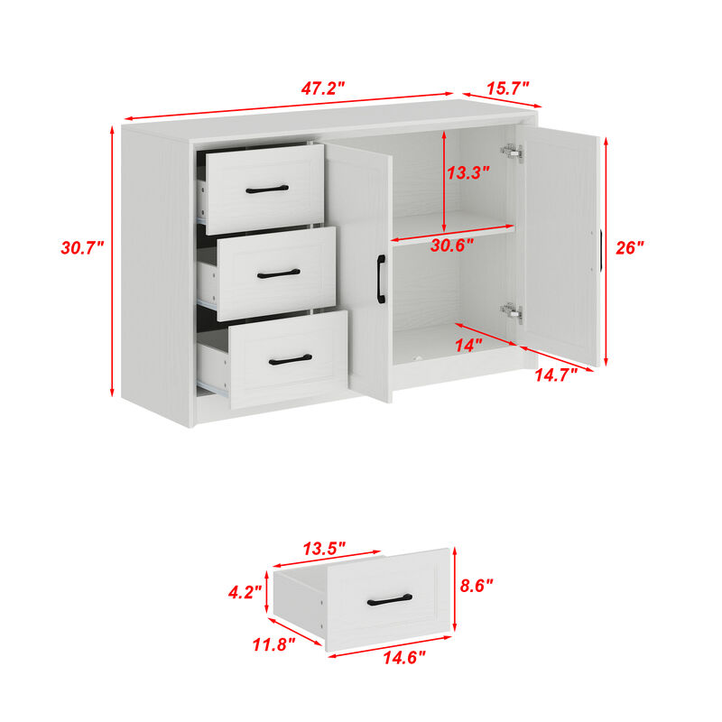 FUFU&GAGA 2-Door 3-Drawer Storage Cabinet with Black Metal Handles, Wood Grain Finish (47.2"W x 15.7"D x 30.7"H), White Oak