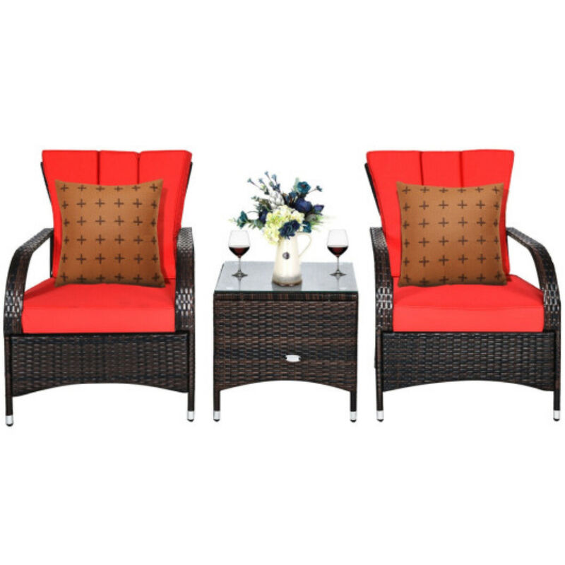 3PCS Rattan Coffee Table Set Chair-Red