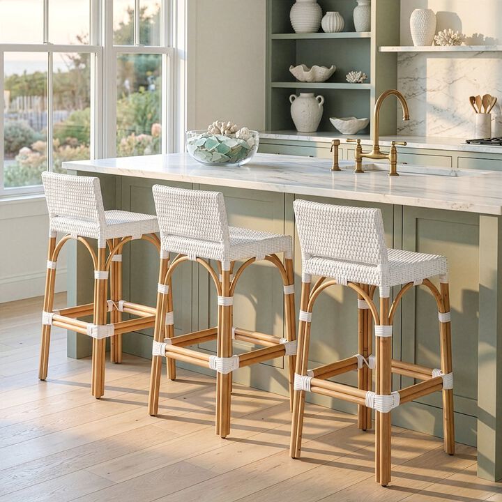 Butler Specialty Serienna 30 in. Seat Height Rectangular Rattan Low Back Bar Stool White and Gray