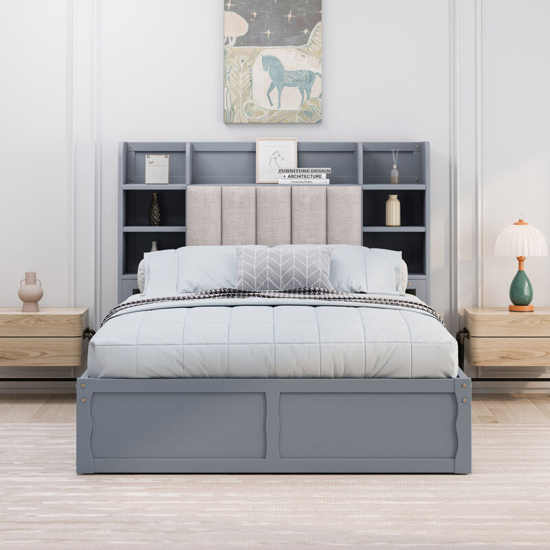 Multifunctional Full Size Bed Frame with 4 Underbed Portable Storage Drawers and Multitier Bedside Storage Shelves, Grey