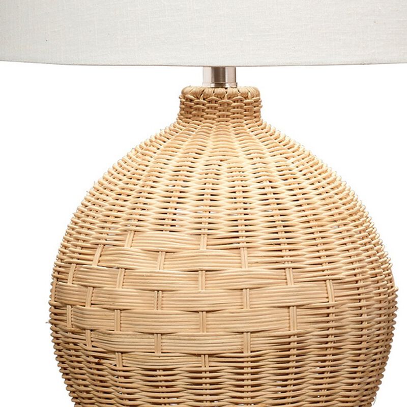 Cape 22 Inch Contemporary Rattan Table Lamp, Hand Woven, Linen Shade, Brown - Benzara