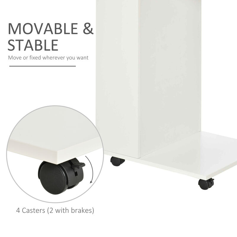 C-Shaped Sofa End Table Coffee Table w/ Storage Shelves, 4 Wheels, White