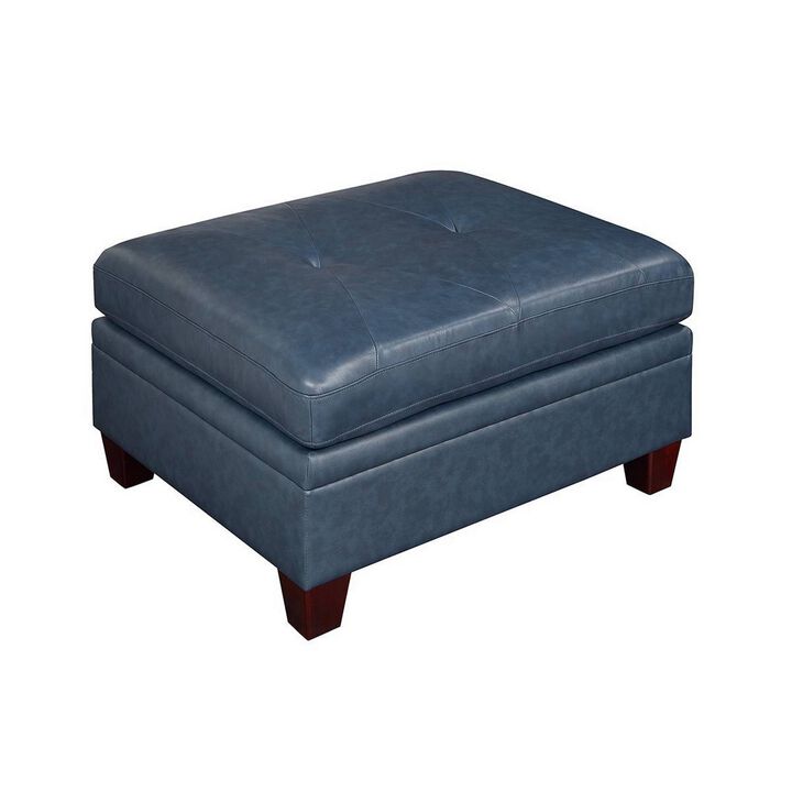 Indy 36 Inch Modern Square Ottoman, Foam Seating, Blue Top Grain Leather-Benzara