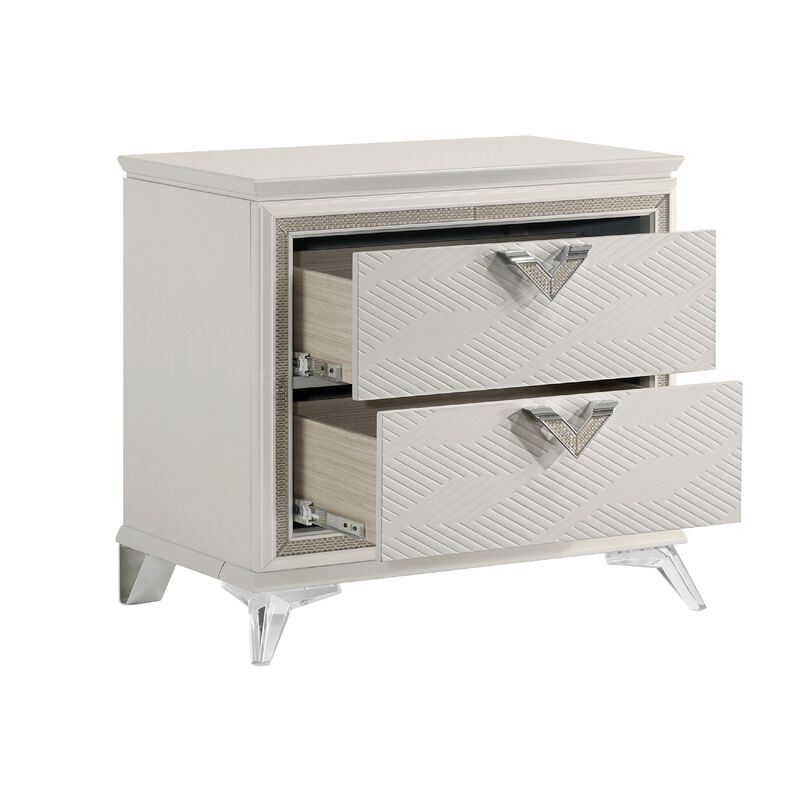 Dery Nightstand, 2 Drawers Chrome Triangle Handles, Gold White Wood - Benzara