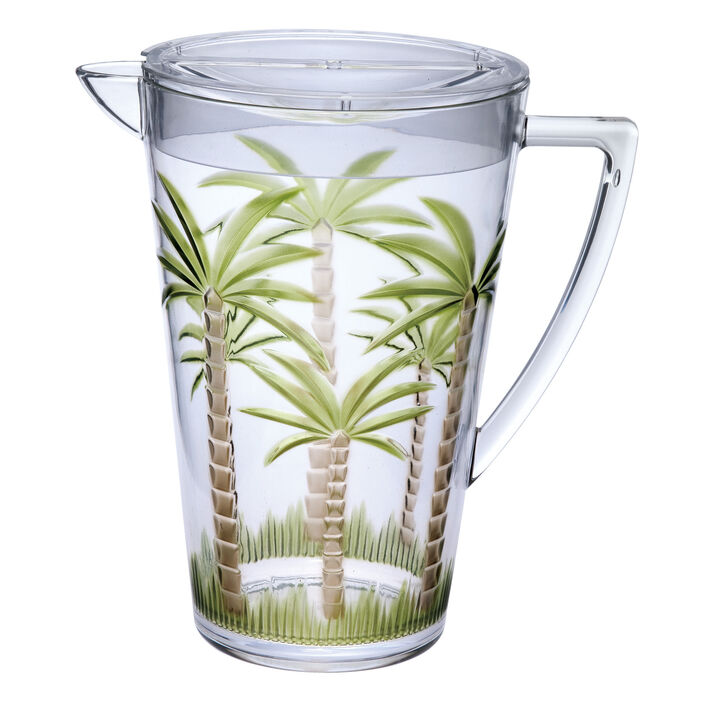 HomeRoots 2.5 Quart Clear and Green Palm Tree Acrylic Pitcher