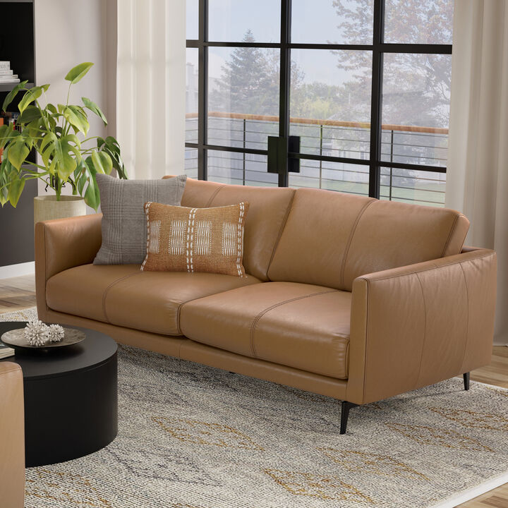 Stevens Modern, Mid - Century 81 inch Wide Sofa in Butternut Brown Genuine Leather
