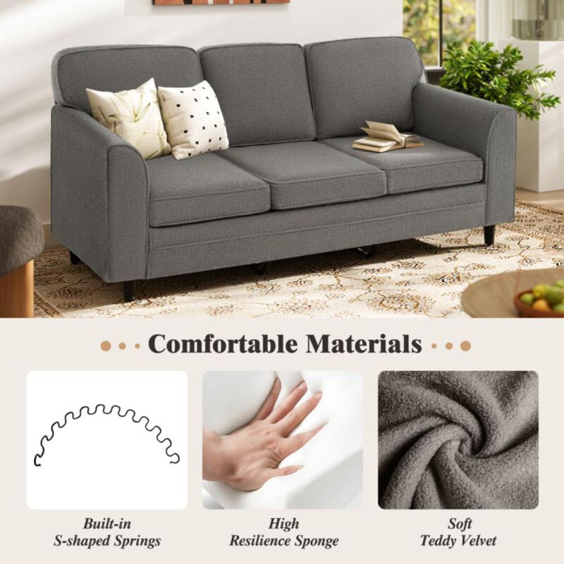 Hivvago Upholstered Teddy Velvet 3-Seat Sofa with Comfy Back Pillows
