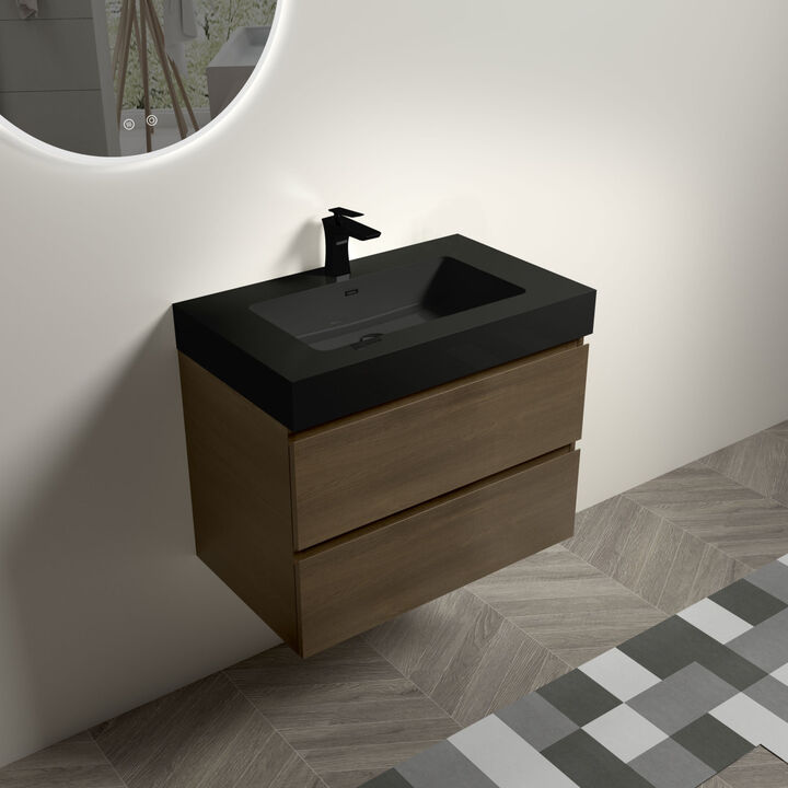 30" Dark Oak Bathroom Vanity with Black Sink, Large Storage Wall Mounted Floating Bathroom Vanity for Modern Bathroom, One-Piece Black Sink Basin without Drain and Faucet