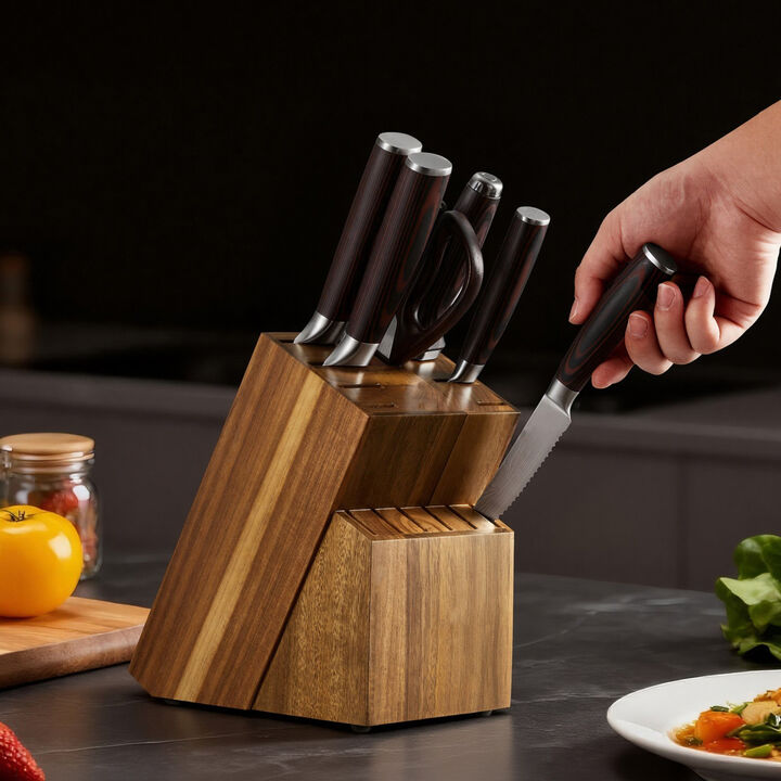 15 Piece Kitchen Knife Set with Block and Sharpener, Stainless Steel Cutlery Set