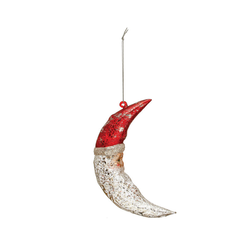 Hand-Painted Mercury Glass Santa Moon Ornament with Glitter, Red and Silver Finish image number 0
