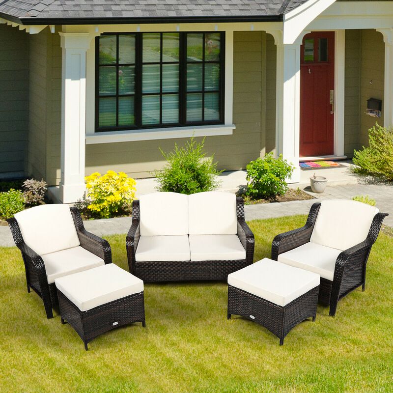 5-Piece Patio Rattan Sofa Set with Cushions and Ottoman, Comfortable Outdoor Seating