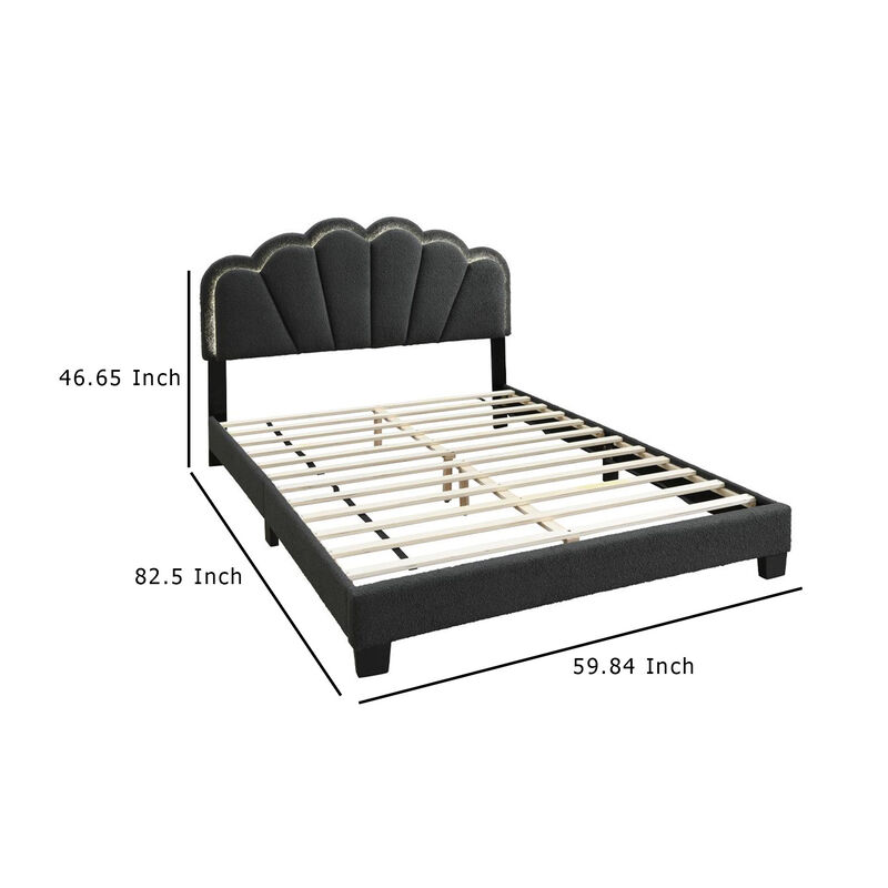 Geny Queen Size Bed, Charcoal Gray Wool Upholstery and LED, Glam Arch - Benzara