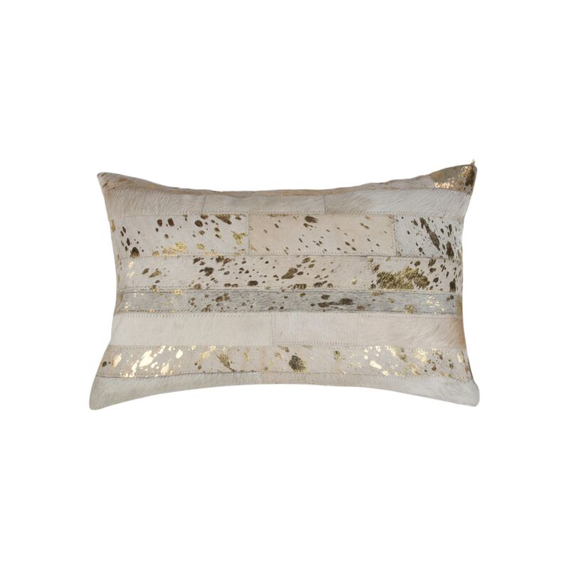 HomeRoots Set of Two 12" X 20" Natural and Gold Patchwork Cowhide Lumbar Throw Pillows with Glitter image number 2
